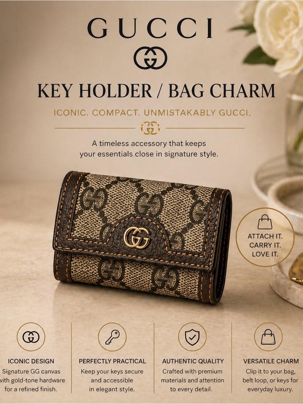 Gucci Beige and Brown GG Canvas Key Wallet with Gold Logo